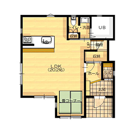 プロネット 【1000万円台/20坪台/間取り図/2階建て】カラーとアイテムが醸し出す統一感でリゾート気分を楽しむ住まいの間取り図（2LDK）1階