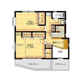 プロネット 【1000万円台/20坪台/間取り図/2階建て】カラーとアイテムが醸し出す統一感でリゾート気分を楽しむ住まいの間取り図（2LDK）2階