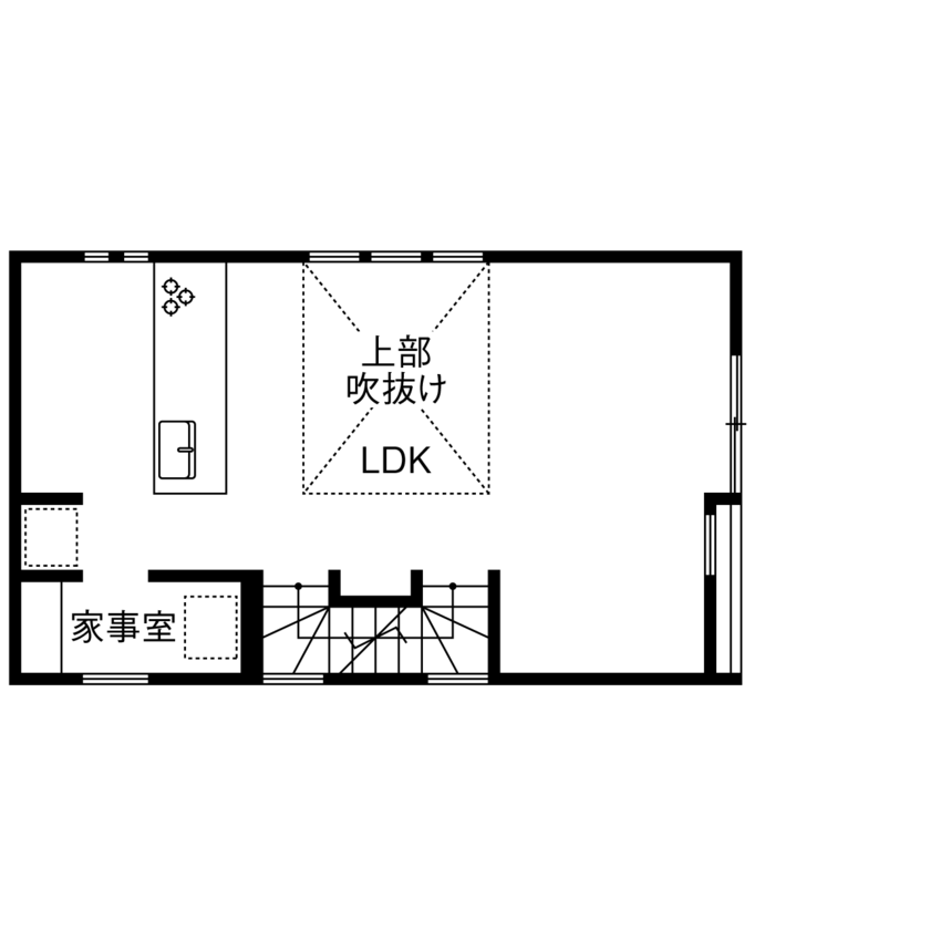 プロネット 【2000万円台/30坪台/間取り図/吹き抜け】都心でものんびりと暮らせるバルコニー付き3階建て狭小住宅の間取り図（3LDK＋家事室）2階