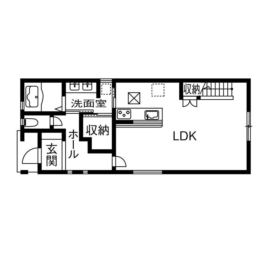 プロネット 【2000万円～2499万円／吹抜／耐震等級3／間取図有】開放感が際立つダイナミック空間と家事ラク動線の間取り図（3LDK）１階