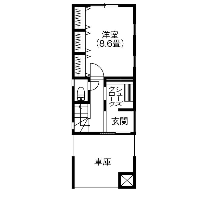 プロネット 【1500万円～1999万円／2階LDK／敷地19.5坪／間取図有】コスト重視で19.5 坪にスタイリッシュな3階建てをの間取り図（3LDK+ガレージ）1階