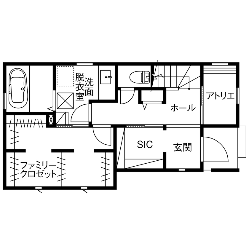 プロネット 【敷地17.1坪／延床30.6坪／2階リビング／間取図】周辺環境を活かし、光を楽しむプランが秀逸な狭小3階建ての間取り図（2LDK+納戸+WIC）1階