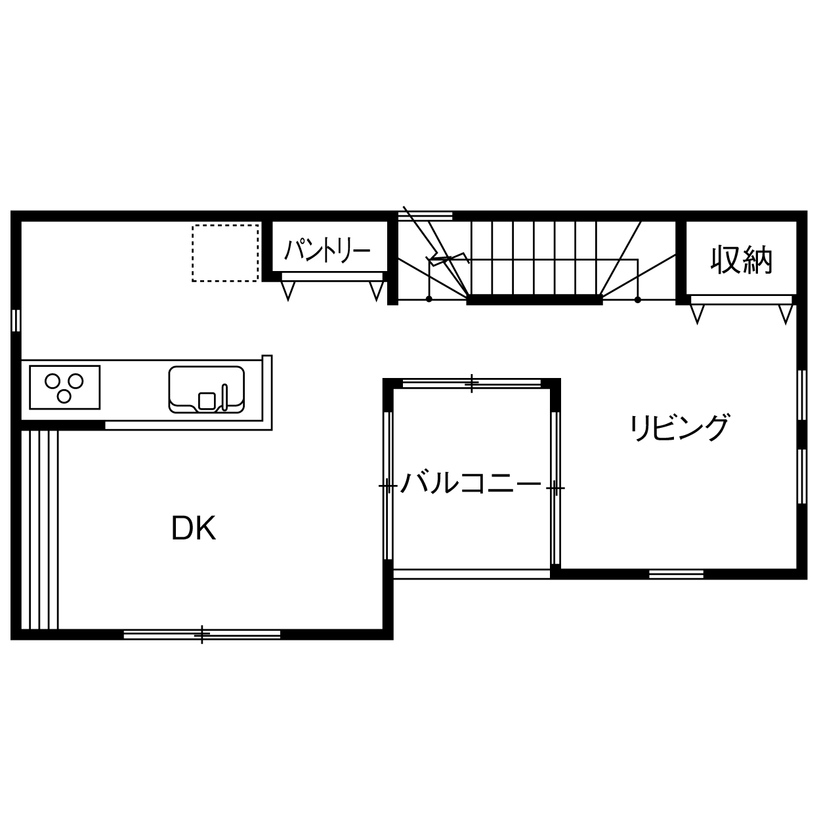 プロネット 【敷地17.1坪／延床30.6坪／2階リビング／間取図】周辺環境を活かし、光を楽しむプランが秀逸な狭小3階建ての間取り図（2LDK+納戸+WIC）2階