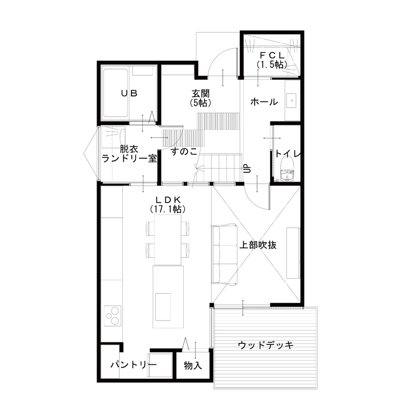 ハウスアップ 【京都市/吹き抜け/30坪台】お洒落な北欧スタイルの家の間取り図（3LDK+ヌック＋ロフト）1階