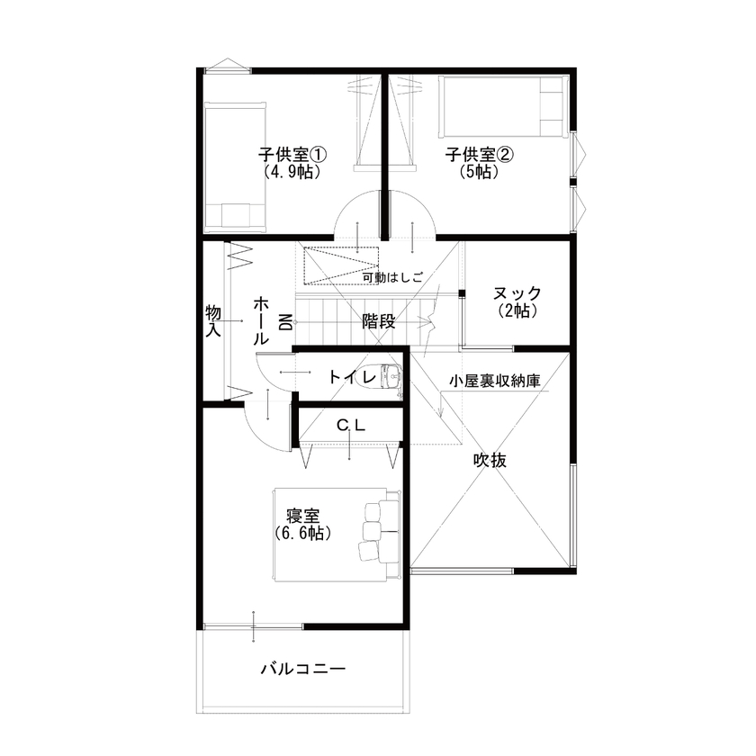 ハウスアップ 【京都市/吹き抜け/30坪台】お洒落な北欧スタイルの家の間取り図（3LDK+ヌック＋ロフト）2階