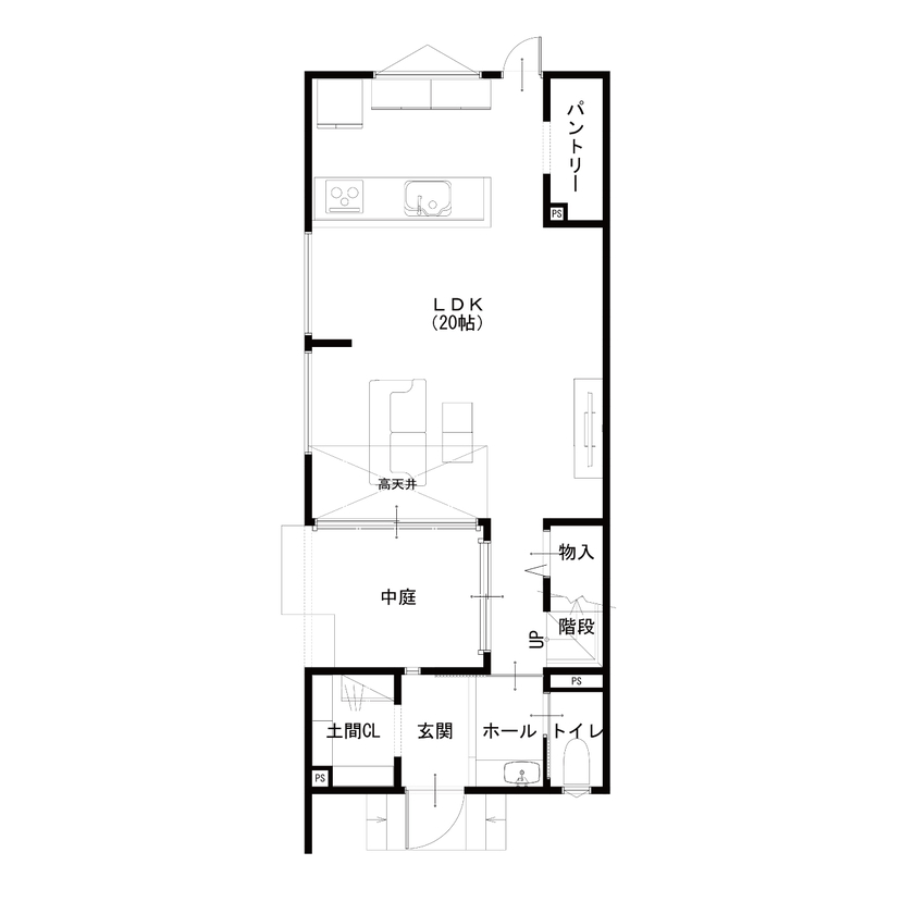 ハウスアップ 【京都市/中庭/20坪台】土地24坪で叶えた中庭のある家の間取り図（2LDK+ロフト）1階