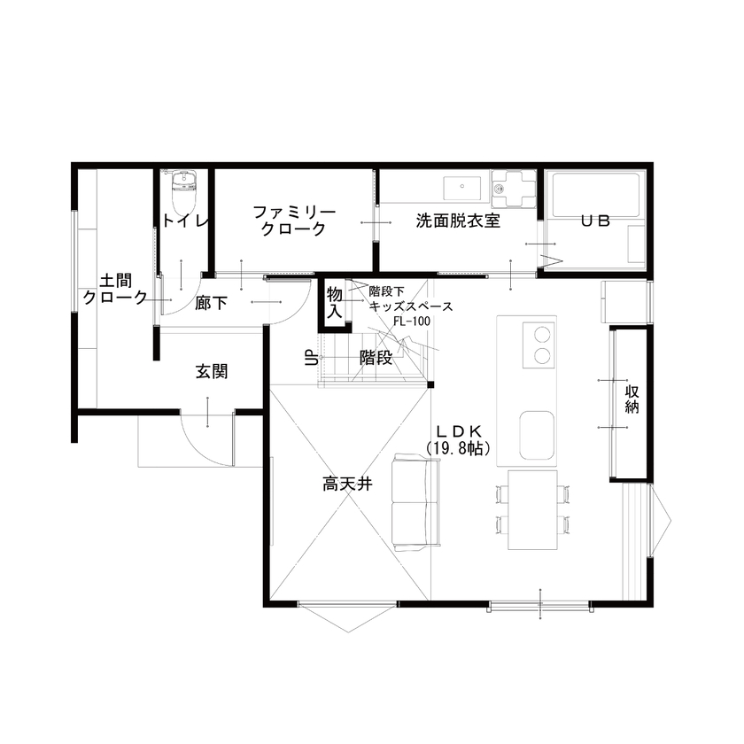 ハウスアップ 子どもたちがのびのびとできるカッコいい家の間取り図（4LDK）1階