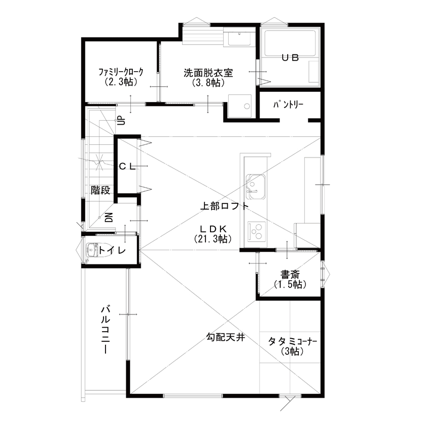 ハウスアップ 【京都市/34坪】お気に入りの木製キッチンが映える家の間取り図（2LDK+2書斎+ロフト）2階