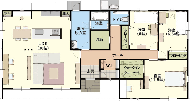 いえとち本舗 【2600万円台｜平屋｜ZEH｜太陽光23.94kW付】30畳のLDKが圧巻の「はたらく平屋」の間取り図（3LDK）1階