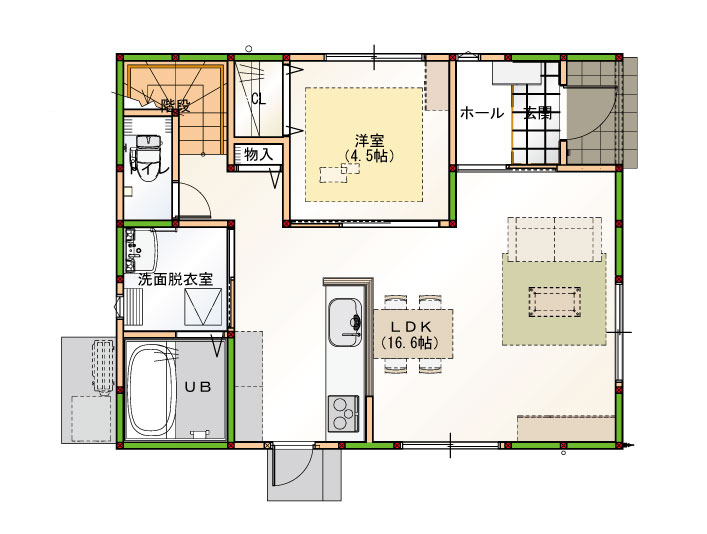 いえとち本舗 【1500万円台｜30.8坪｜太陽光6.75kW付｜スマートハウス】ワンフロアでも暮らせるフレキシブルな家の間取り図（4LDK）1階