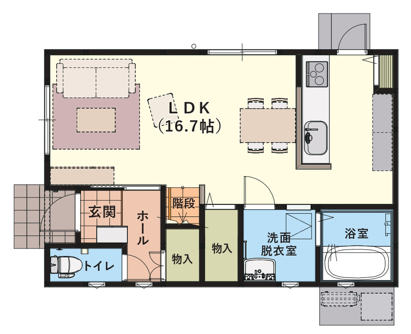 いえとち本舗 【1000万円台前半｜27.2坪｜太陽光5.32kW付｜スマートハウス】広々16.7畳のオープンLDKがある家の間取り図（3LDK）1階
