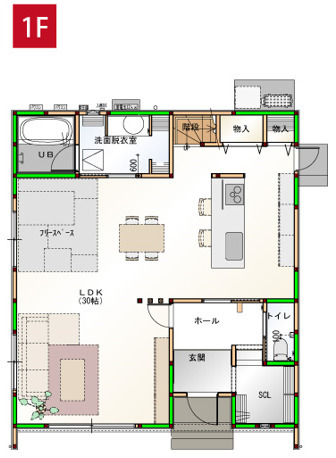 いえとち本舗 【1900万円台|2階建|太陽光12kW付】30帖のLDKとアイランドキッチンが特徴の「イエテラス」の間取り図（4LDK）1階