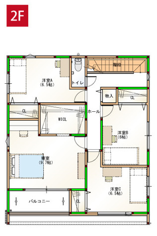 いえとち本舗 【1900万円台|2階建|太陽光12kW付】30帖のLDKとアイランドキッチンが特徴の「イエテラス」の間取り図（4LDK）2階