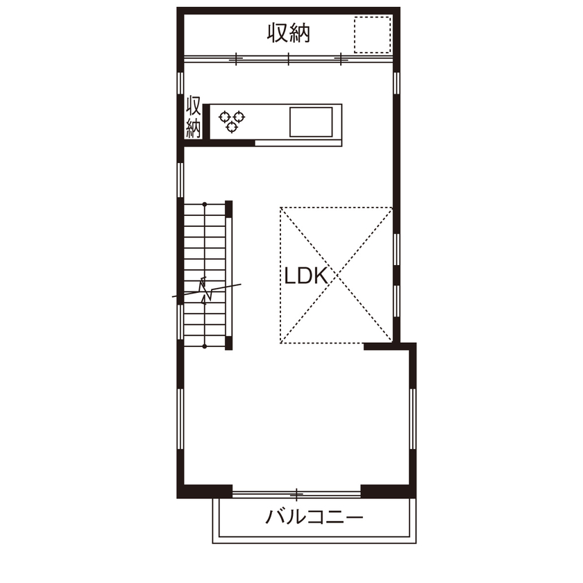 ワイケイホーム 【ビルトインガレージ／間取り図あり】19.3坪の狭小地に建つスタイリッシュな3階建ての間取り図（3LDK）2階