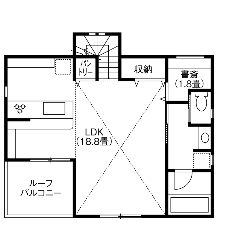 ワイケイホーム 【吹抜け2階リビング＋ロフト】約26坪の土地をフル活用/南側の採光がたっぷり届く明るい空間の間取り図（３LDK＋ロフト）2階