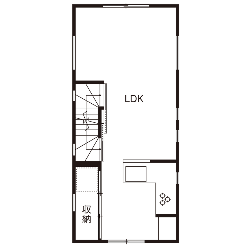 ワイケイホーム 【約14坪・間口4ｍ】ビルトインガレージ＋スカイバルコニー＋ホテル仕様の室内/高さ制限を見事にクリアの間取り図（2LDK）2階