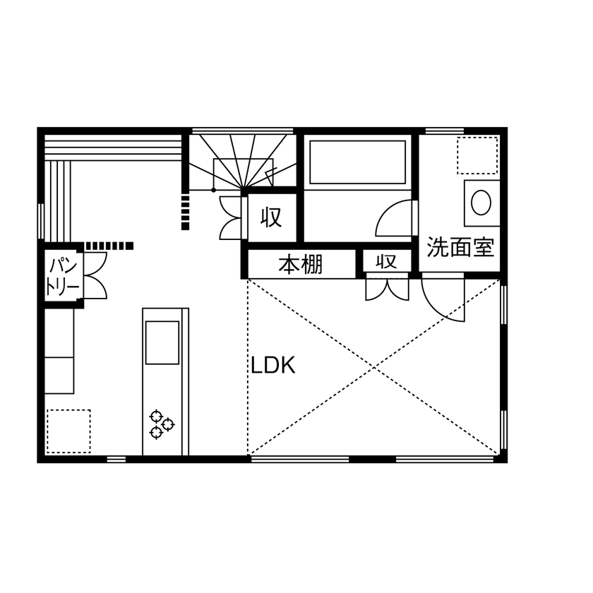 TAINN DESIGN　一級建築士事務所 【1840万円/22.5坪/間取り図あり】狭小×旗竿地でものびのび快適！採光とプライバシーを兼ねる２階リビングの間取り図（2SLDK）2階