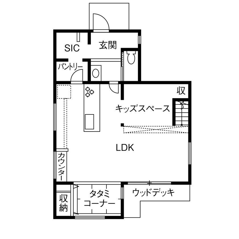 TAINN DESIGN　一級建築士事務所 【3200万円/36坪/間取り図あり】4人の子どもがすくすく育つスキップフロアのLDK。家事ラク・育児プランも◎の間取り図（２SLDK）１階