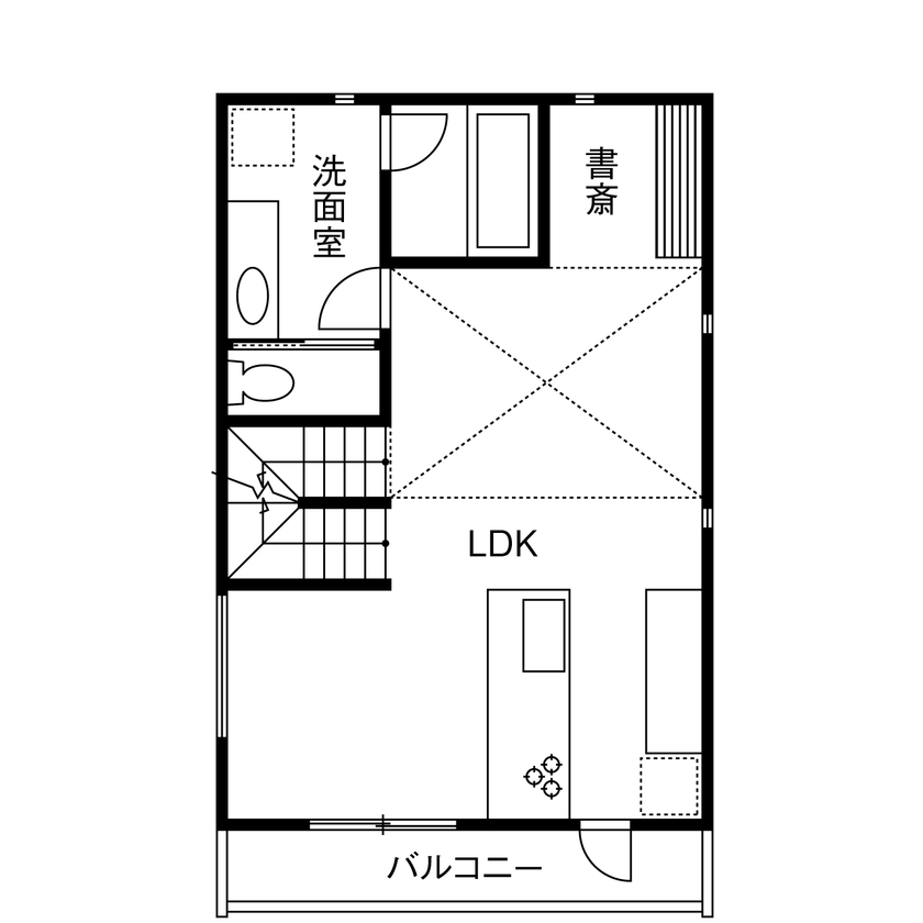 TAINN DESIGN　一級建築士事務所 【2385万円/26.4坪/狭小/間取り図あり】開放感あふれる吹き抜けの２階リビング。セキュリティ対策も万全の間取り図（３LDK＋ロフト）2階