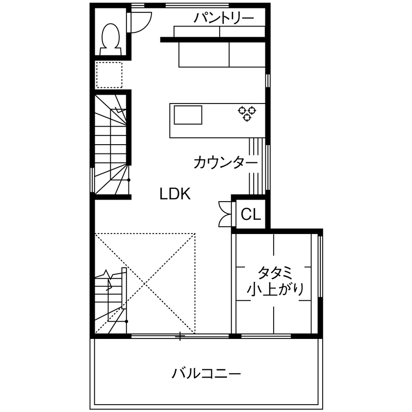 TAINN DESIGN　一級建築士事務所 【3000万円台/26.8坪/狭小/間取り図あり】吹き抜けで繋がる２階リビングと寛ぎのロフト。収納プランも必見の間取り図（1SLDK＋ロフト）2階