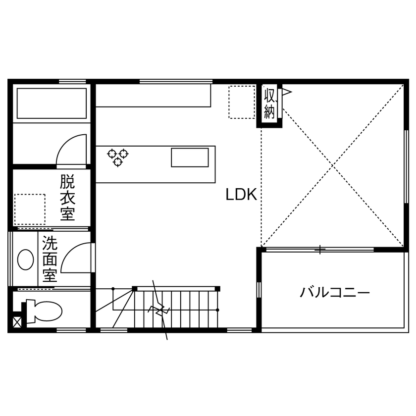 TAINN DESIGN　一級建築士事務所 【2800万円台/24.7坪/狭小地/間取り図あり】LDKと水まわり動線をワンフロアに！家族が集まりやすいプランの間取り図（1SLDK＋小屋裏収納）2階