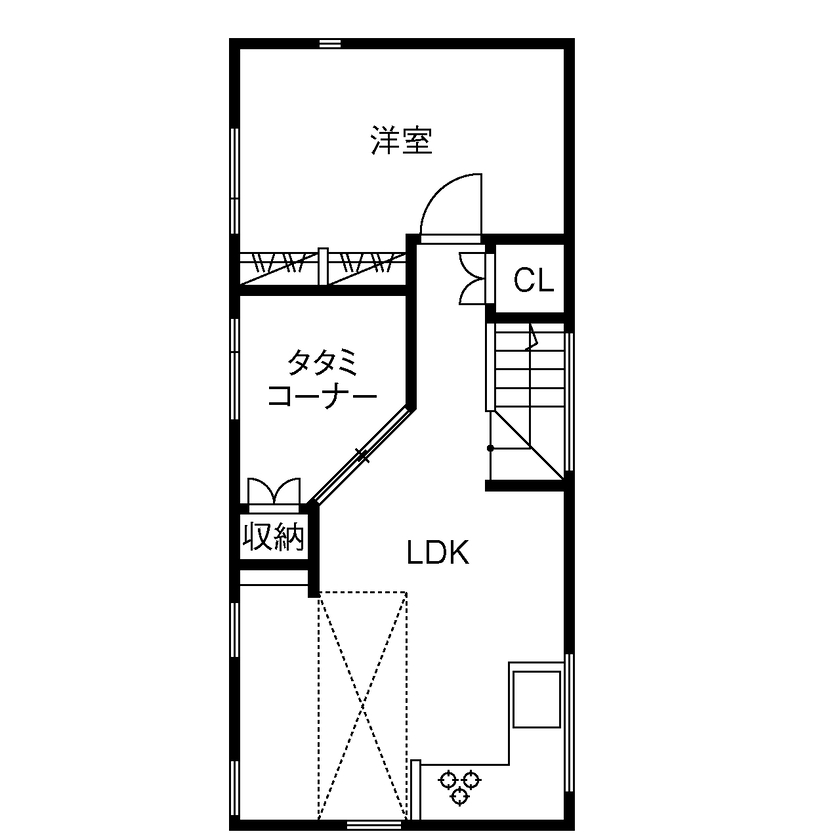 TAINN DESIGN　一級建築士事務所 【19.5坪/狭小/ペット住宅/間取り図あり】愛猫も大満足！美しい借景を楽しめる２階リビングの間取り図（2LDK＋小屋裏収納）2階