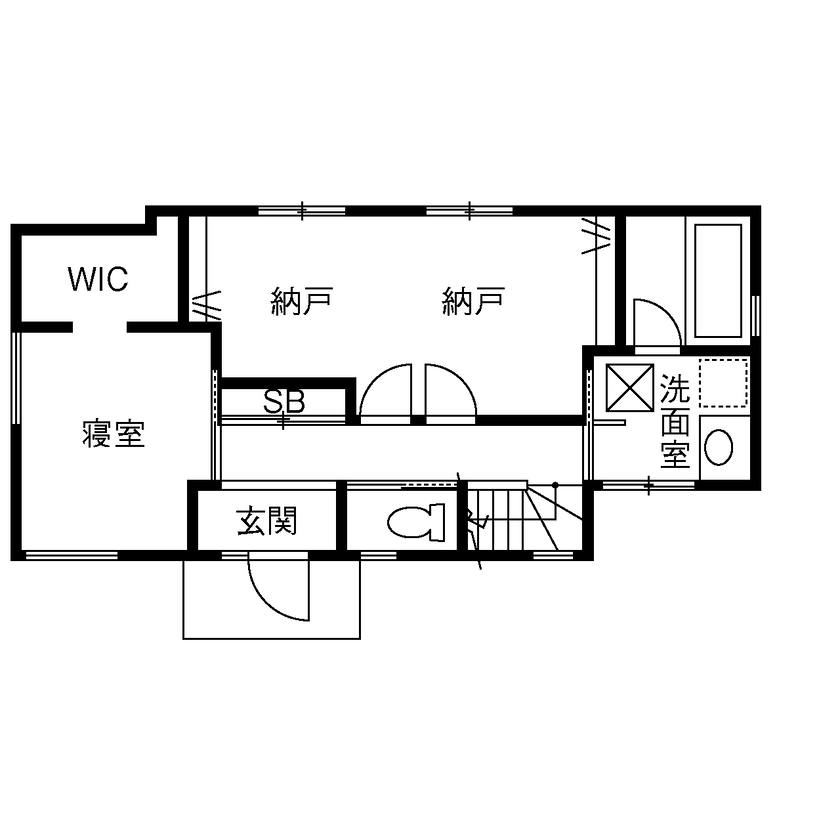 TAINN DESIGN　一級建築士事務所 【24.5坪/旗竿地/間取り図あり】オリジナルの木製格子から優しい光が差し込む２階リビングの間取り図（２SLDK＋小屋裏収納）1階