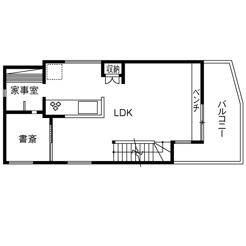 TAINN DESIGN　一級建築士事務所 【24.5坪/旗竿地/間取り図あり】オリジナルの木製格子から優しい光が差し込む２階リビングの間取り図（２SLDK＋小屋裏収納）2階