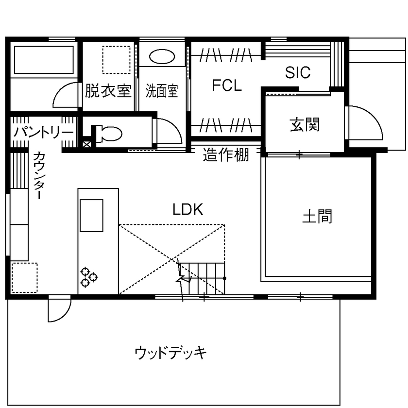 TAINN DESIGN　一級建築士事務所 【5000万円台/32.5坪/間取り図あり】土間リビングとストレスフリーの家事動線。家族の動きに寄り添う住まいの間取り図（３LDK＋ロフト）1階