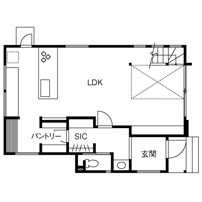 TAINN DESIGN　一級建築士事務所 【3045万円/30.3坪/ペットと暮らす/間取り図あり】ウォールナットの家具が映える吹き抜けのリビングの間取り図（2LDK）1階