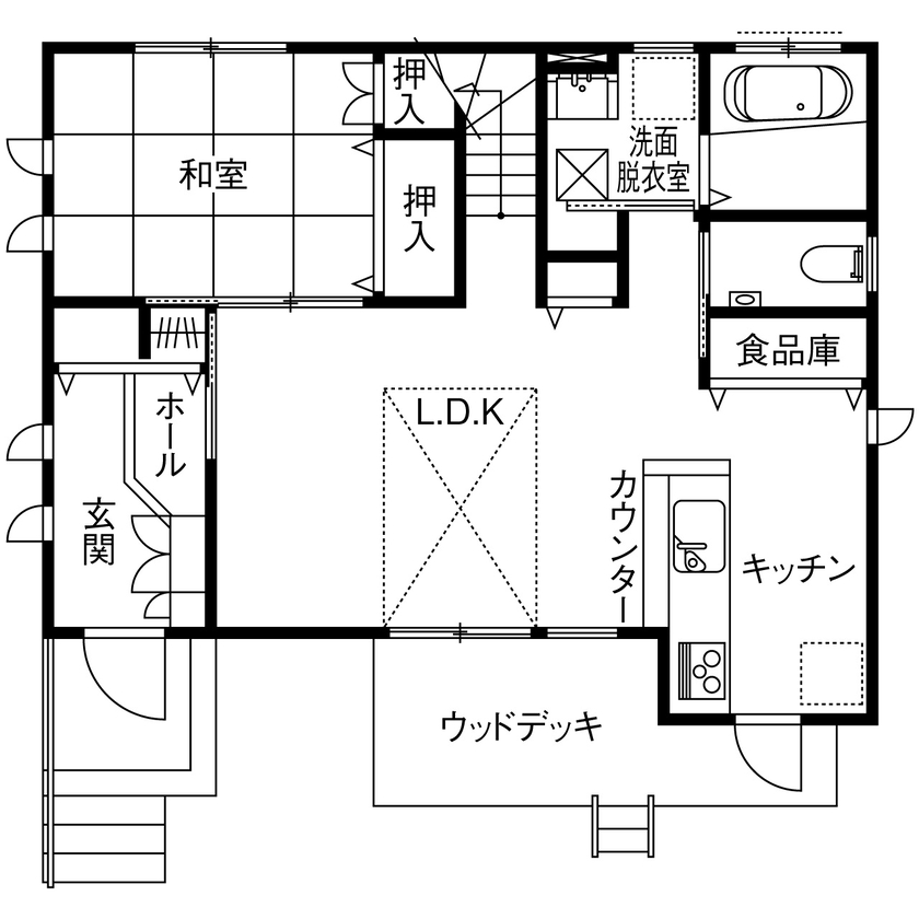 木の国工房 【2000万円台/30坪台/間取り有】天然無垢材のヘリンボーンの床や収納、吹き抜けのある子育てファミリーの家の間取り図（4LDK）1階