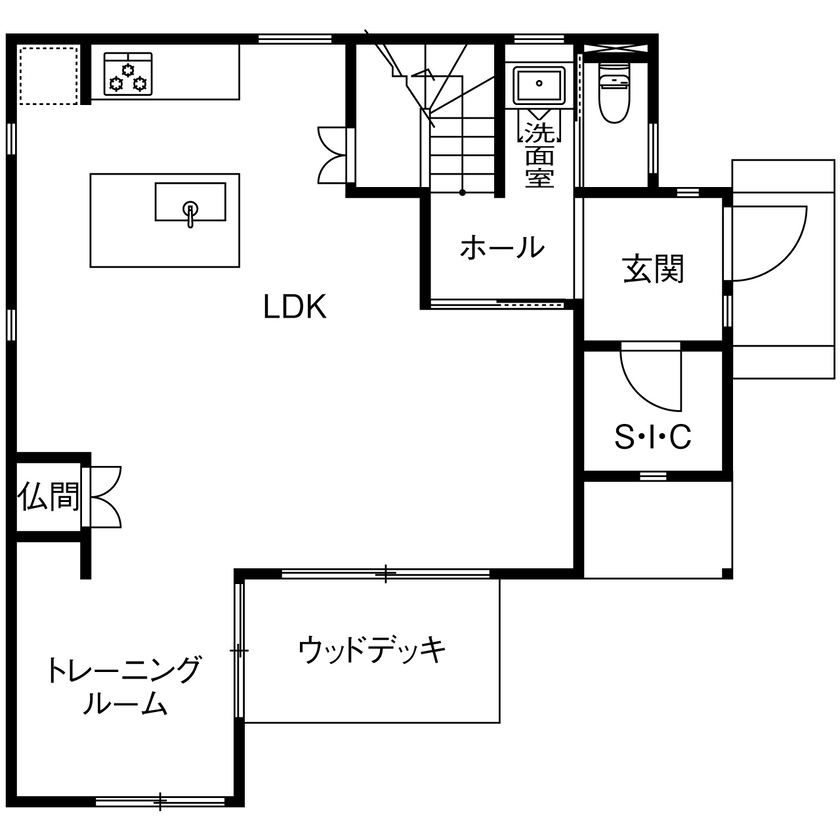 木の国工房 【2000万円台/30坪台/間取り有】無垢材の梁を出し、LDKを広くプランした趣味部屋と書斎のある家の間取り図（3LDK+書斎）1階