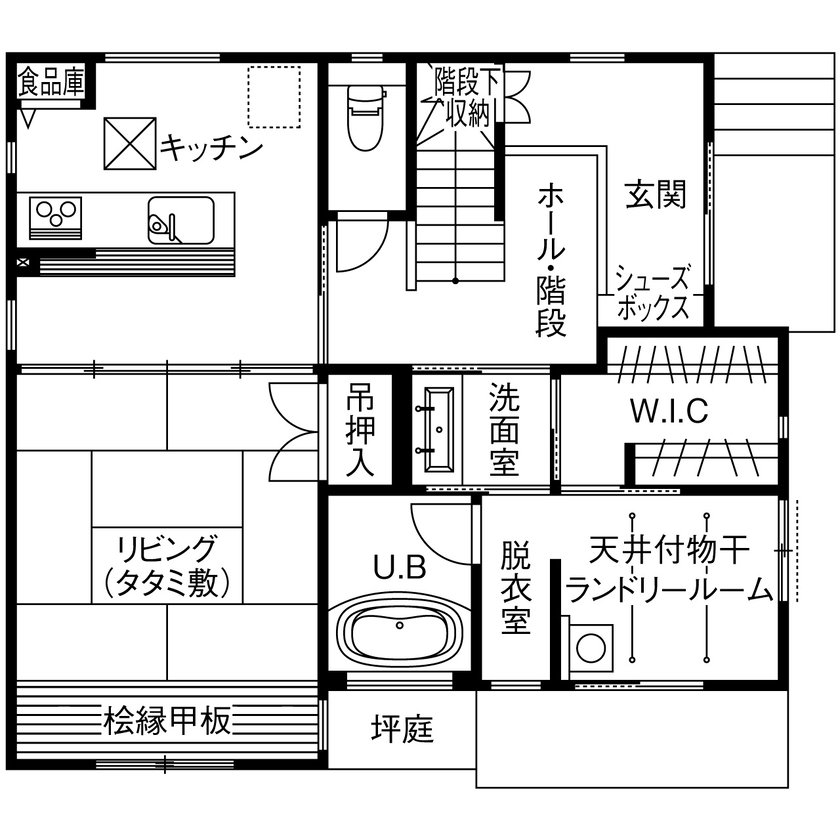 木の国工房 【2000万円台／40坪／間取り有】和室のリビング、竹垣で囲った坪庭、天然無垢材を使用した和風モダンの家の間取り図（3LDK）1階