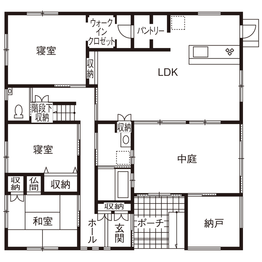 近江建設/アイフルホーム・フィアスホーム 【間取り図有／二世帯／4000万円台】1階と2階で生活スペースを分離。中心に家族が集まる中庭のある家の間取り図（5K以上）1階
