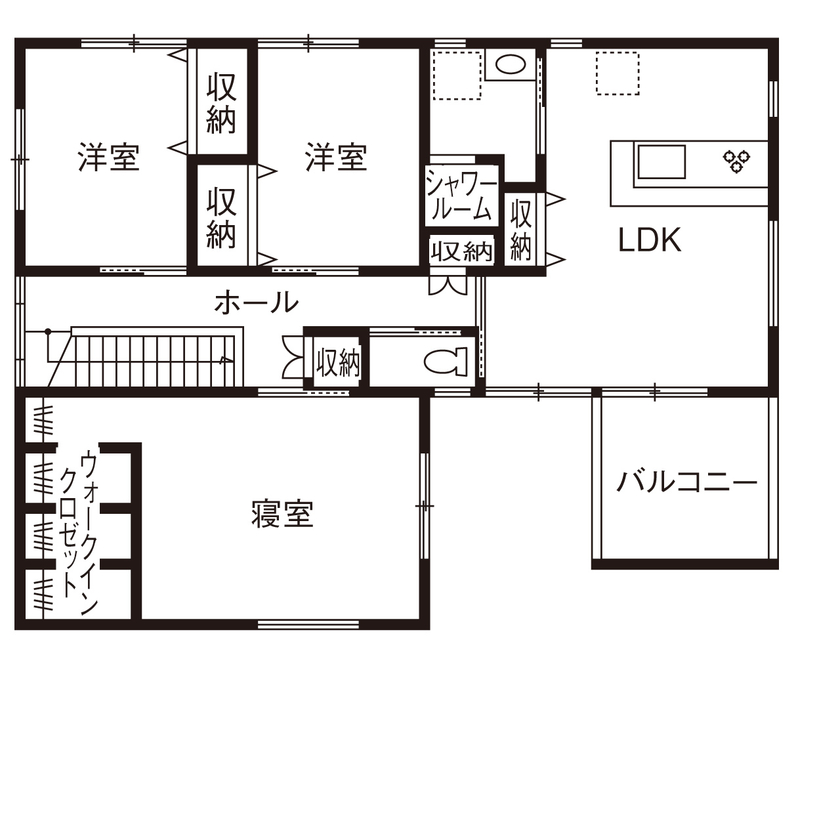 近江建設/アイフルホーム・フィアスホーム 【間取り図有／二世帯／4000万円台】1階と2階で生活スペースを分離。中心に家族が集まる中庭のある家の間取り図（5K以上）2階