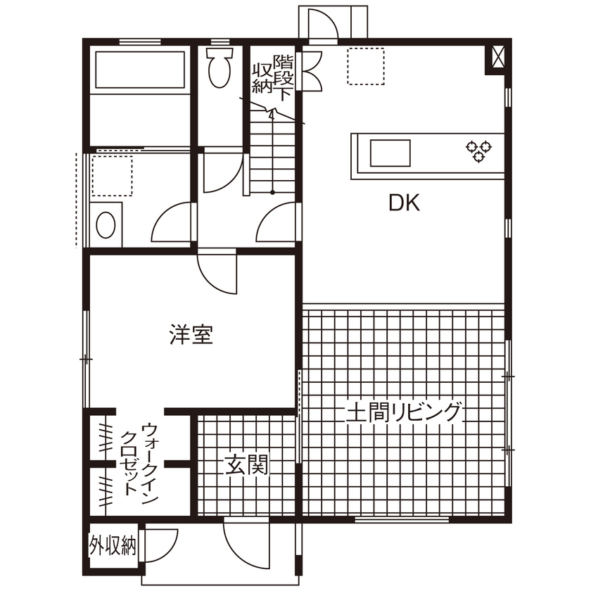 近江建設/アイフルホーム・フィアスホーム 【土間リビング／1000万円台／間取り有】「吹き抜け」＋「庭・ガレージ」＋「インテリア」の開放的な住まいの間取り図（3LDK）1階
