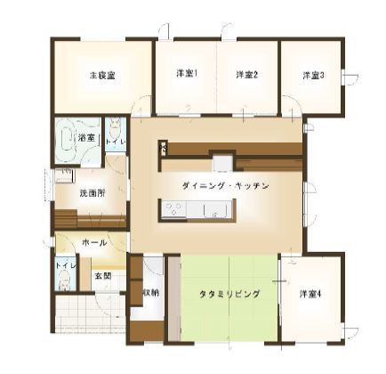 近江建設/アイフルホーム・フィアスホーム シンプルなパッシブデザインの平屋住宅の間取り図（5LDK）1階