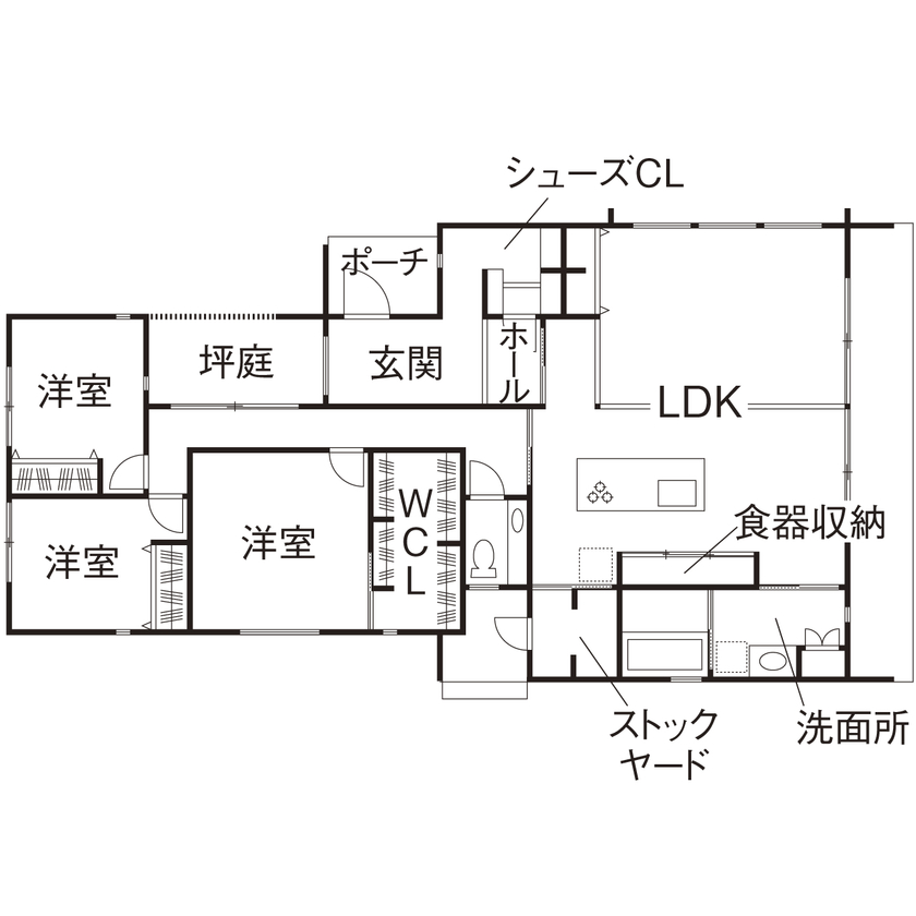 クラフトホーム 【1000万円台/平屋/3LDK/間取り図】勾配屋根のラインが美しい平屋。生活感を抑えたホテルライクな平屋の間取り図（3LDK）1階