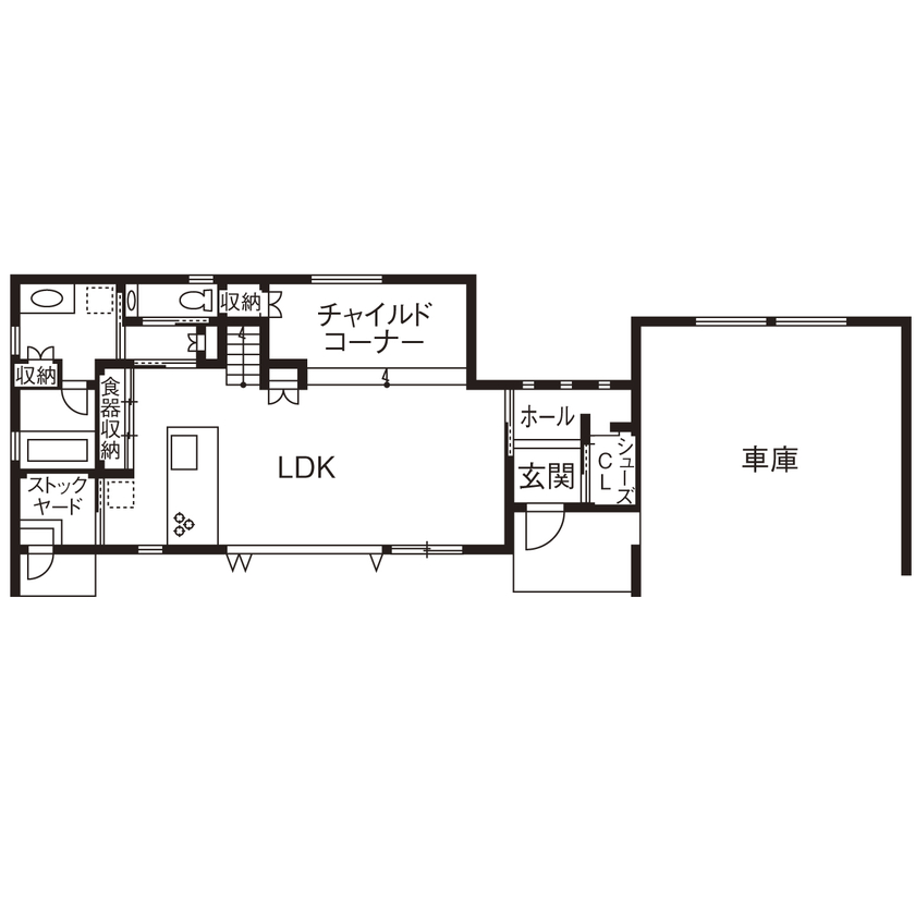 クラフトホーム 【1000万円台/ビルトインガレージ/シンプルモダン/50坪台/4LDK/間取り図】『遊び』にこだわった間取りの家の間取り図（4LDK）1階