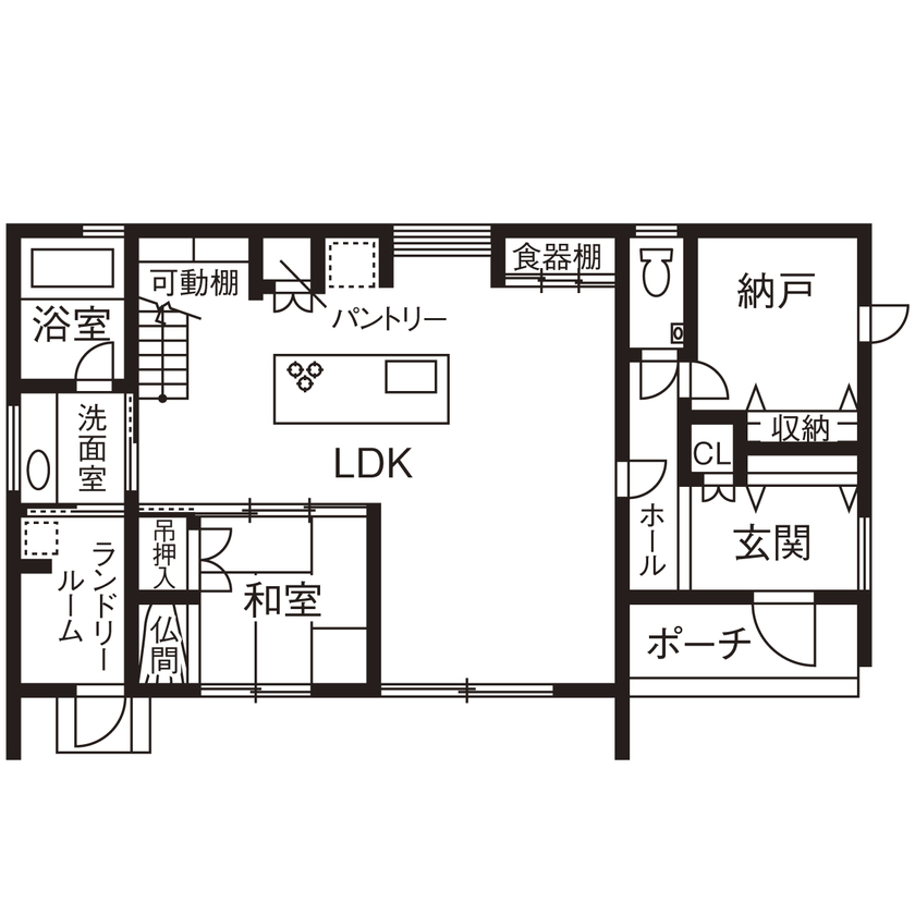 クラフトホーム 【1500万円～2000万円以下/5LDK/40坪台/間取り図面】アイランドキッチンやランドリールームで家事ラクな家の間取り図（５ＬＤＫ＋納戸）1階