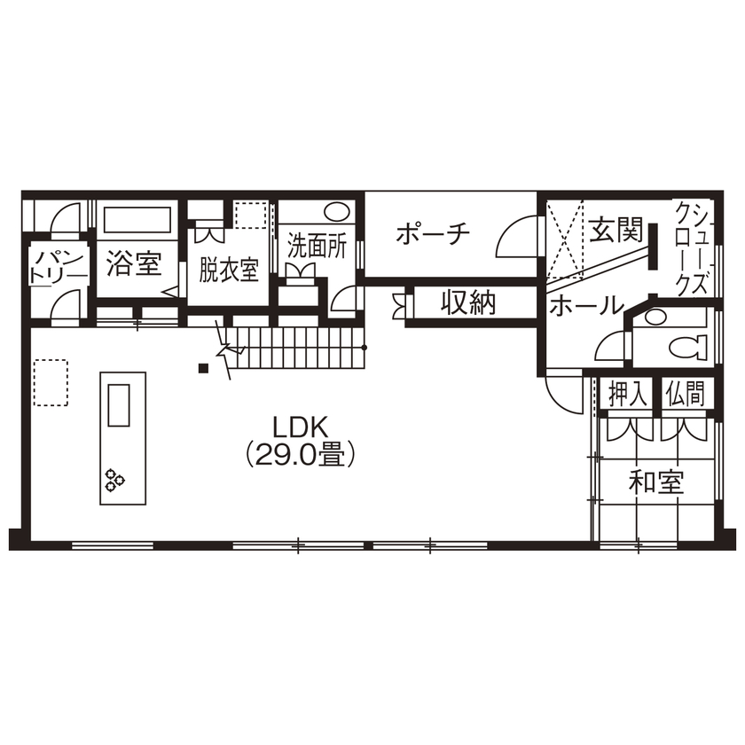 クラフトホーム 【ガレージハウス/50坪台/間取り図】外と中のギャップを堪能できる開放的な29畳の吹抜けLDK/駐車2台可の間取り図（4LDK）1階