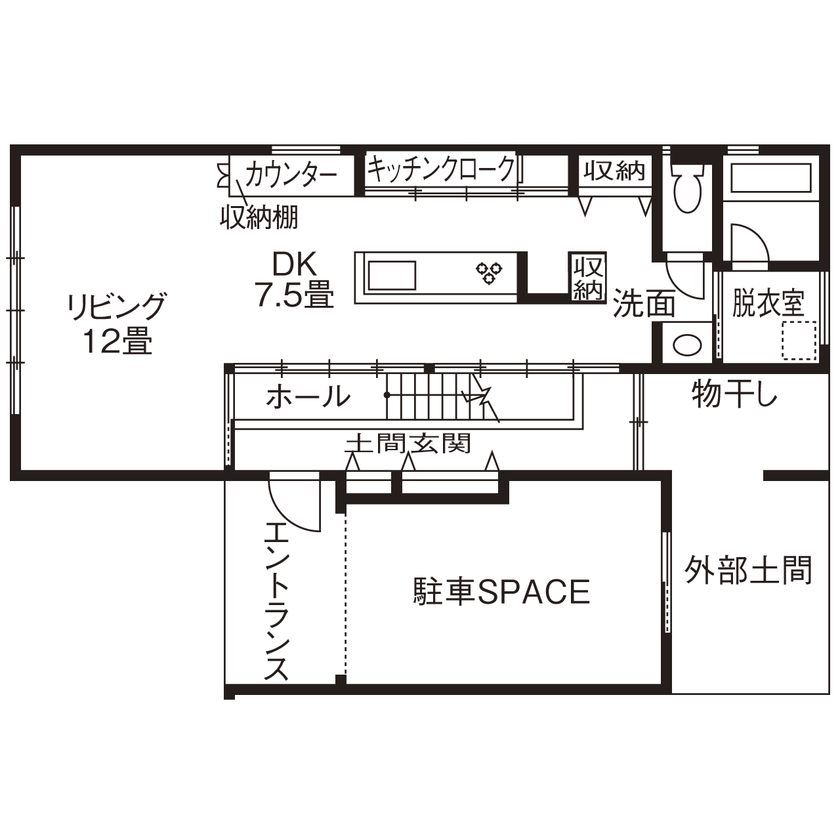 クラフトホーム 【2000万円台/40坪台/インナーガレージ/土間玄関/間取図有】愛車が映えるガレージや土間玄関がカッコいい家の間取り図（3LDK＋趣味室）1階