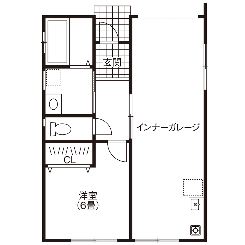 クラフトホーム 【900万円/平屋14.2坪/間取り図】小さくても、自由で、カッコいい。“ガレージが主役” の住まいの間取り図（1R＋インナーガレージ）1階
