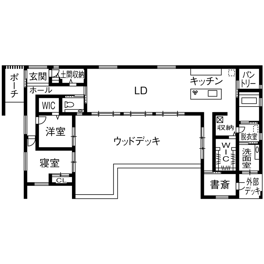 サティスホーム岐阜 【間取り図有×平屋×回遊導線】無垢の床で子供にも安心。暮らしの機能をコの字でゾーニングした平屋の間取り図（3LDK）1階