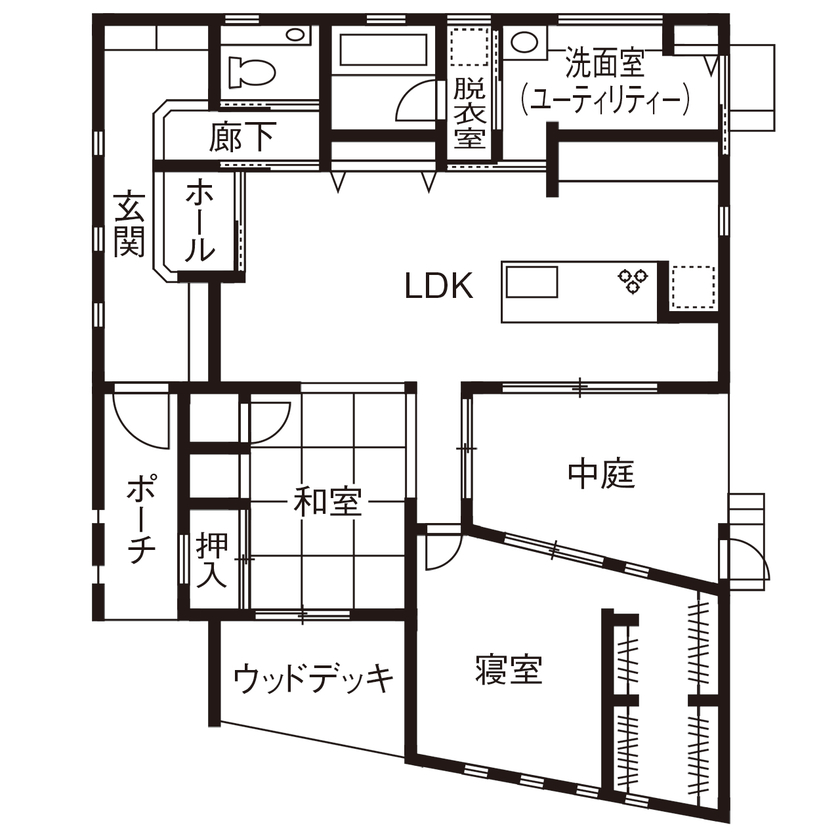 サティスホーム岐阜 【岐阜市×間取図有×平屋×1000万円台】夫婦２人で暮らしの楽しみを進化させる、中庭を囲むコの字型の平屋の間取り図（2LDK）1階
