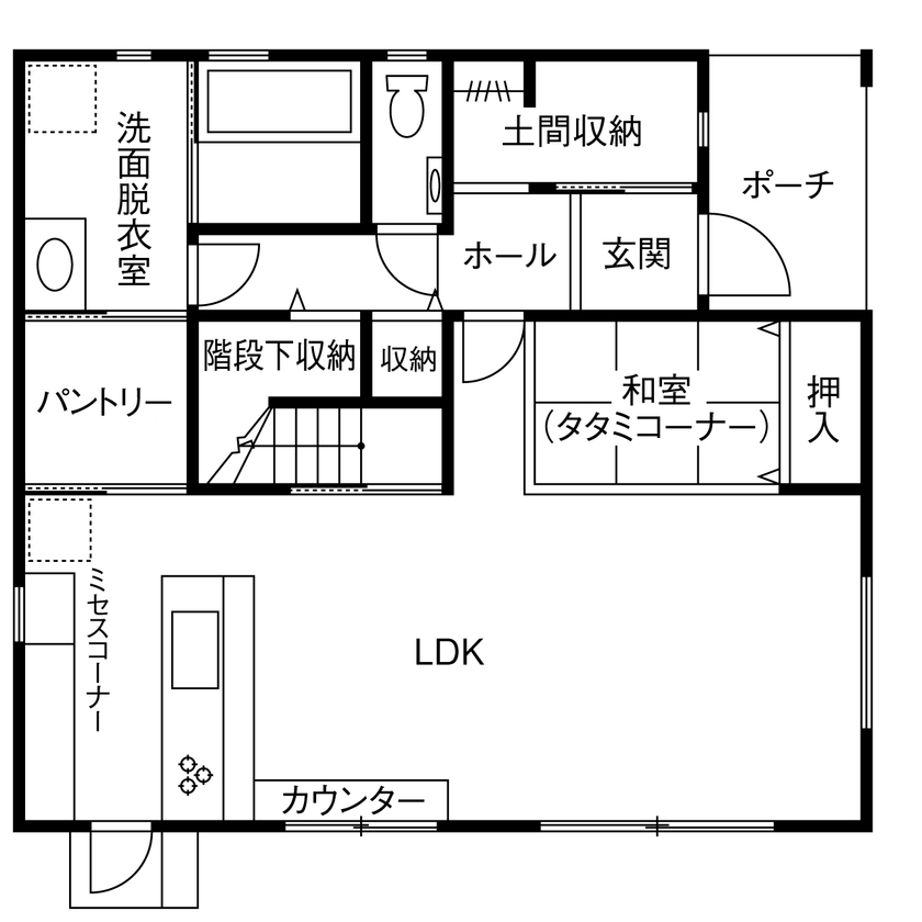 サティスホーム岐阜 【岐阜市×間取り図有×2000万円台×土間】暮らしを考えた収納動線が魅力。オーバーハングのスクエアハウスの間取り図（4LDK＋納戸）1階