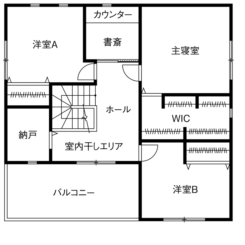 サティスホーム岐阜 【岐阜市×間取り図有×2000万円台×土間】暮らしを考えた収納動線が魅力。オーバーハングのスクエアハウスの間取り図（4LDK＋納戸）2階