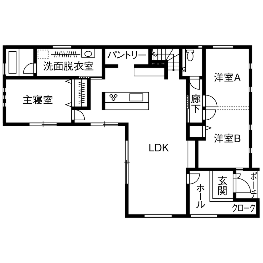 サティスホーム岐阜 【一宮市×間取り図有×1000万円台×平屋】固定階段で行ける小屋裏収納で収納量◎陽光を効率よく導くL字型平屋の間取り図（3LDK）1階