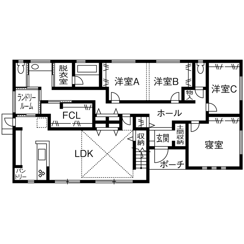 サティスホーム岐阜 【一宮市×間取り図有×2000万円台×平屋】小屋裏を活かした開放的なリビング。収納力と家事動線を極めた平屋の間取り図（4LDK＋ロフト）1階