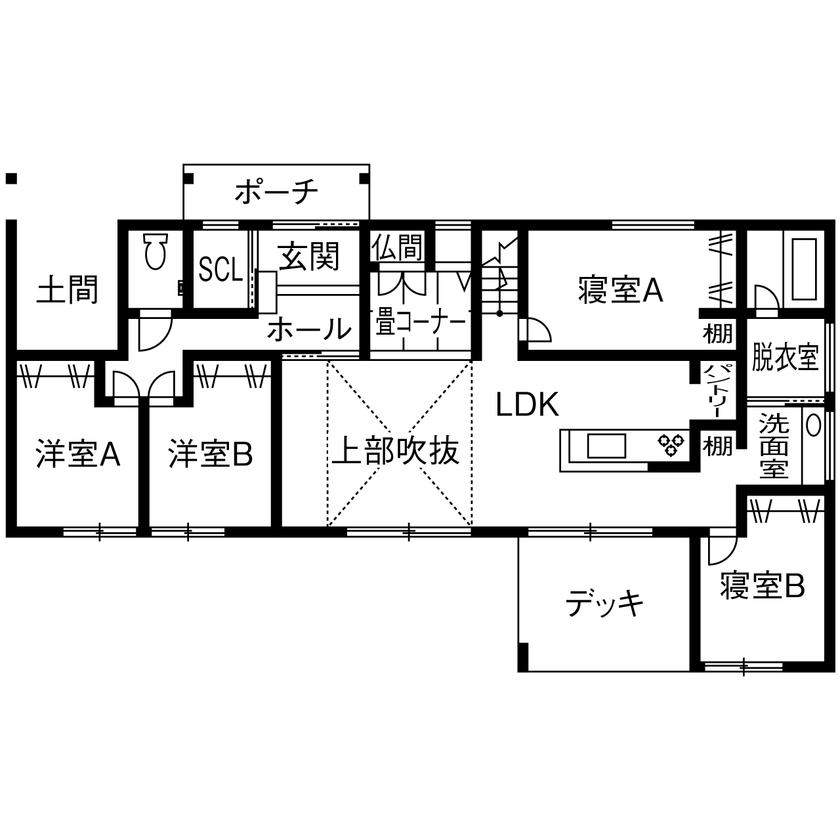 サティスホーム岐阜 【岐阜県×間取り図有×2000万円台×平屋】現在・未来どちらの生活も考え抜かれた、小屋裏活用で開放的な平屋の間取り図（4LDK＋ロフト）1階
